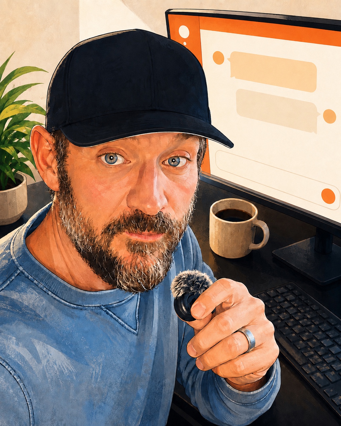 Illustration of Stobart at his computer with a microphone and coffee mug